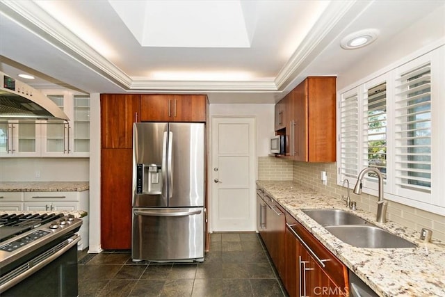 kitchen featuring appliances with stainless steel finishes, sink, backsplash, custom exhaust hood, and a tray ceiling