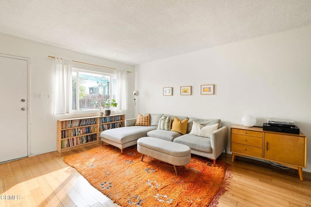 living room with wood-type flooring and a textured ceiling