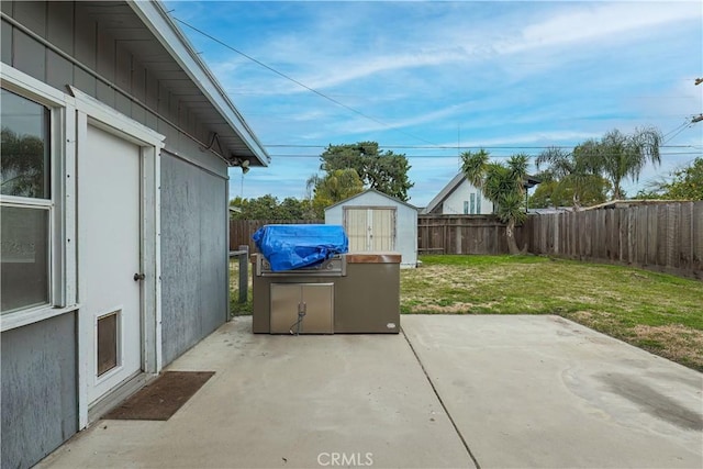 view of patio / terrace featuring a storage shed