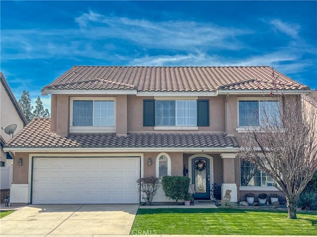 view of front of property with stucco siding, driveway, a front lawn, and a tiled roof