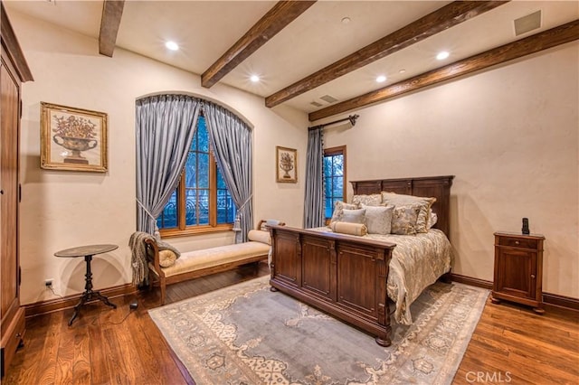 22931 Sonriente Trl, Coto De Caza, CA 92679 - bedroom with wood finished floors, beam ceiling, recessed lighting, and baseboards