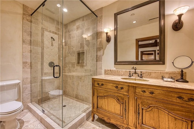 22931 Sonriente Trl, Coto De Caza, CA 92679 - full bath with toilet, vanity, a shower stall, recessed lighting, and tile patterned floors