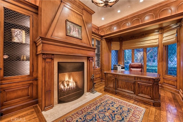 22931 Sonriente Trl, Coto De Caza, CA 92679 - office with hardwood / wood-style floors, wood walls, and recessed lighting