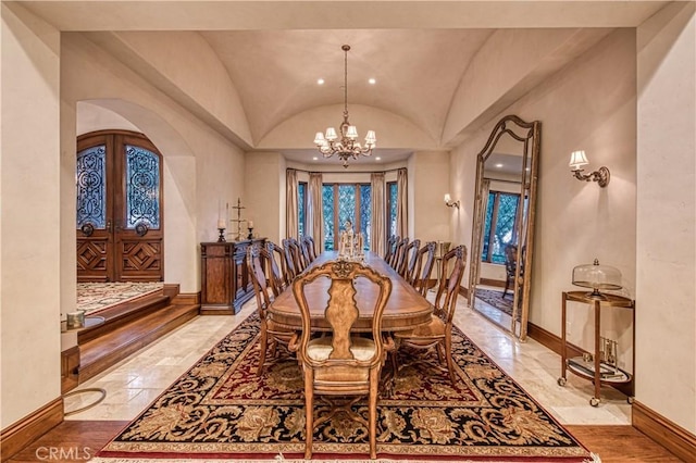 22931 Sonriente Trl, Coto De Caza, CA 92679 - dining area featuring vaulted ceiling, baseboards, a chandelier, french doors, and recessed lighting