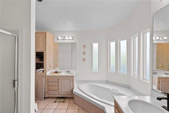 20095 Shadow Island Dr, Canyon Country, CA 91351 - bathroom with shower with separate bathtub, tile patterned floors, and vanity
