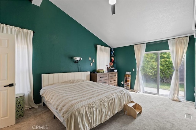 20095 Shadow Island Dr, Canyon Country, CA 91351 - carpeted bedroom with radiator, access to outside, ceiling fan, and vaulted ceiling