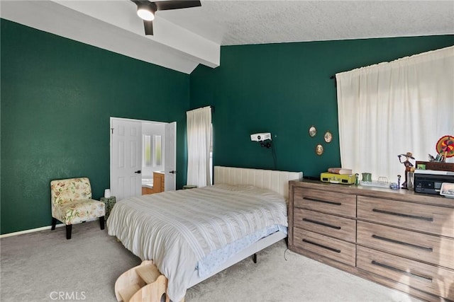 20095 Shadow Island Dr, Canyon Country, CA 91351 - bedroom with ceiling fan, a textured ceiling, light carpet, and vaulted ceiling with beams