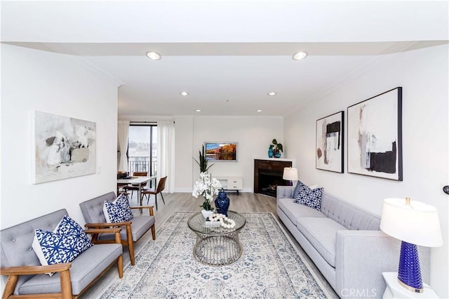 living room featuring ornamental molding and light hardwood / wood-style flooring