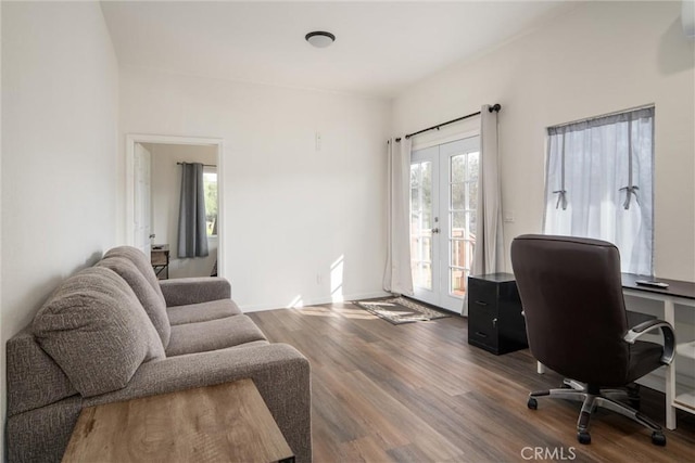 office featuring dark hardwood / wood-style flooring and french doors