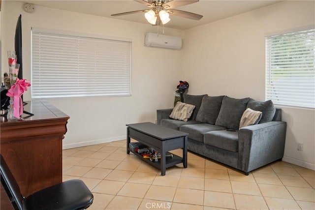 tiled living room with a wall mounted AC and ceiling fan