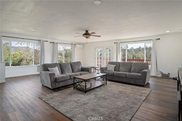 living room featuring dark hardwood / wood-style floors, plenty of natural light, and french doors