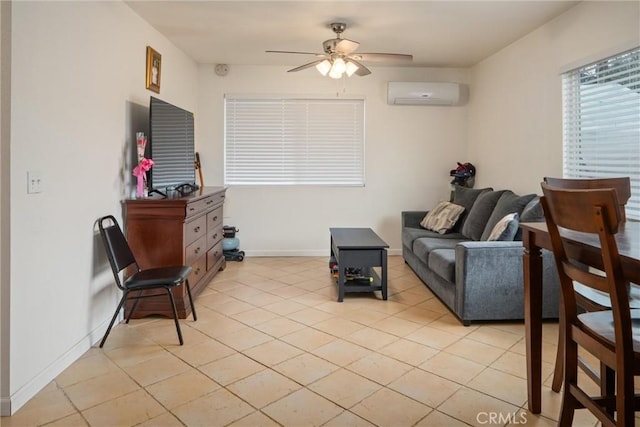 tiled living room featuring a wall mounted air conditioner and ceiling fan