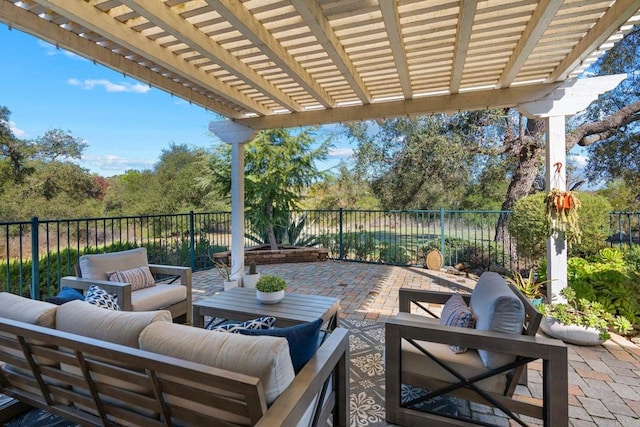 view of patio / terrace featuring a pergola and outdoor lounge area