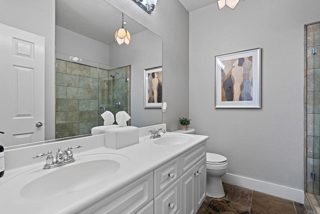 bathroom featuring toilet, vanity, and walk in shower