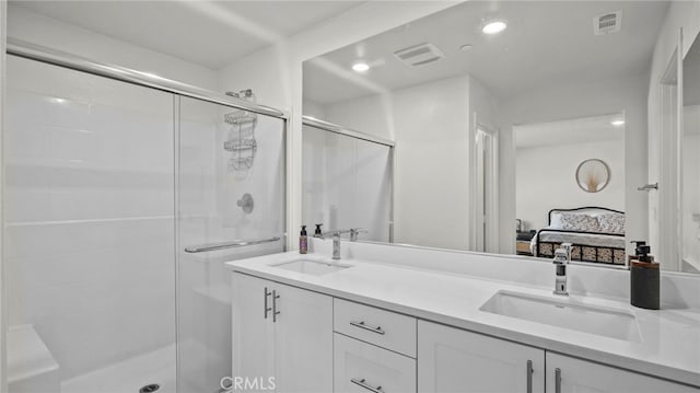 13180 Mesa Ln, Yucaipa, CA 92399 - full bathroom featuring ensuite bath, double vanity, and a shower stall