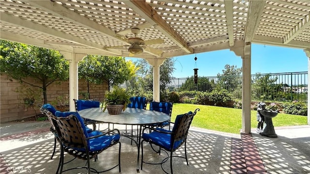 view of patio featuring outdoor dining space, a fenced backyard, and a pergola