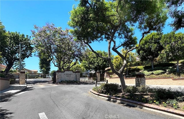 view of road featuring curbs, a gated entry, and a gate