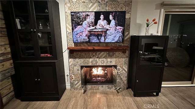 details featuring hardwood / wood-style floors and a fireplace