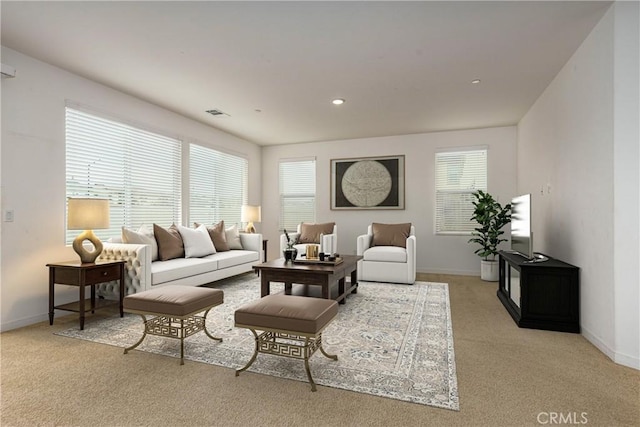 living room featuring light colored carpet