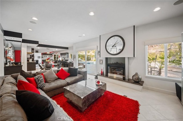 living room featuring light tile patterned flooring