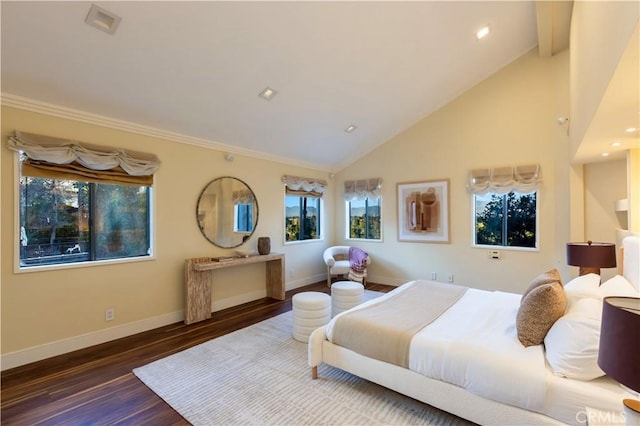 bedroom with dark wood-type flooring and high vaulted ceiling