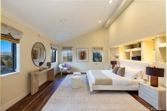 bedroom featuring dark wood-type flooring, ornamental molding, and high vaulted ceiling