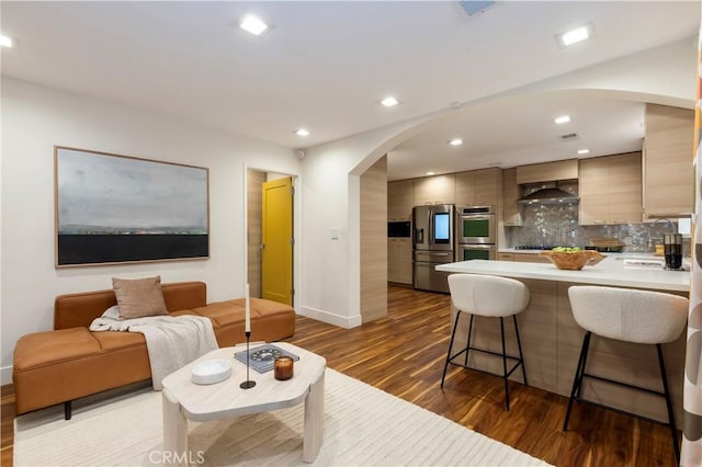 living room with dark wood-type flooring