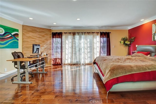 bedroom featuring hardwood / wood-style flooring and ornamental molding