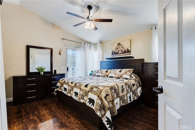 bedroom featuring vaulted ceiling, ceiling fan, and dark wood-style floors