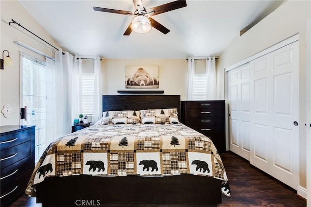 bedroom with a closet, ceiling fan, and wood finished floors