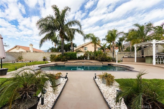 view of pool with a fenced in pool, a fenced backyard, a patio, and a pergola