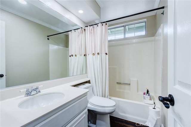 full bath with toilet, crown molding, vanity, and shower / tub combo with curtain