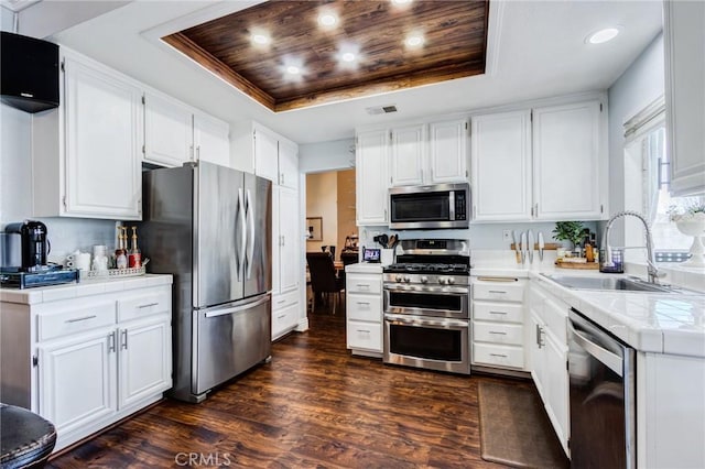 kitchen featuring a sink, tile counters, appliances with stainless steel finishes, and a tray ceiling