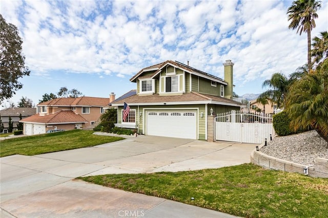 view of front of property with concrete driveway, a gate, fence, a garage, and a front lawn