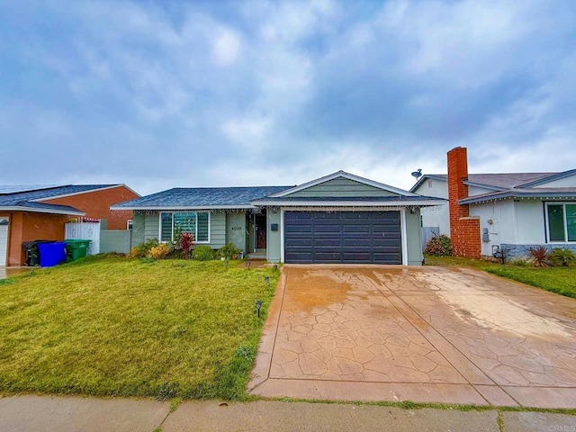 single story home with a garage and a front yard