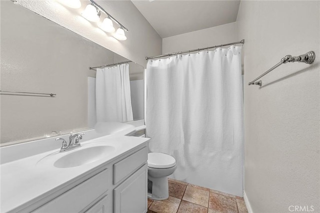 full bathroom featuring toilet, a shower with curtain, and vanity