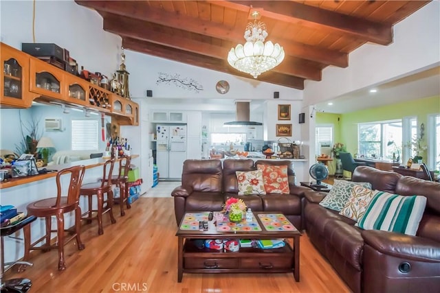 living room featuring an inviting chandelier, wood ceiling, lofted ceiling with beams, and light hardwood / wood-style flooring