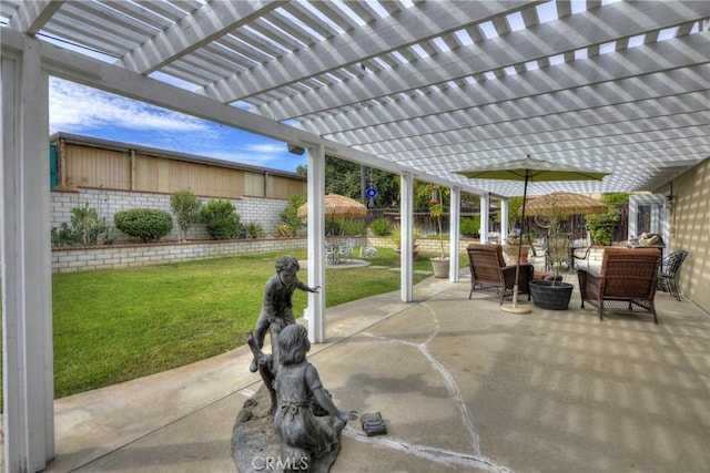 view of patio with an outdoor living space and a pergola