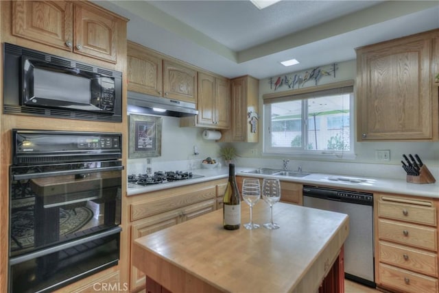 kitchen featuring a raised ceiling, a center island, sink, and black appliances