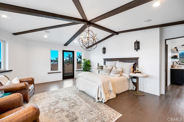 bedroom with dark hardwood / wood-style flooring, a chandelier, access to outside, and vaulted ceiling with beams