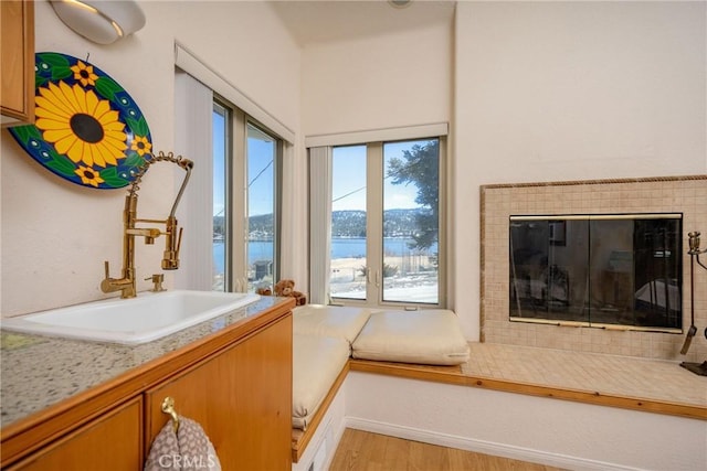 interior space with vanity, a water view, wood finished floors, and a glass covered fireplace