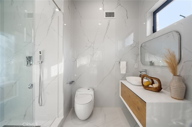 bathroom with vanity, toilet, and walk in shower