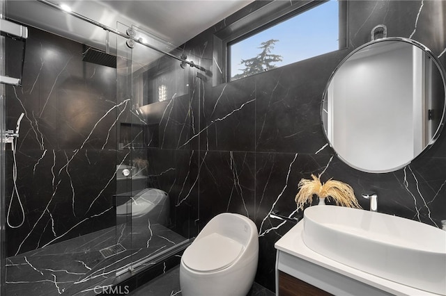 bathroom featuring toilet, tile walls, a tile shower, vanity, and decorative backsplash