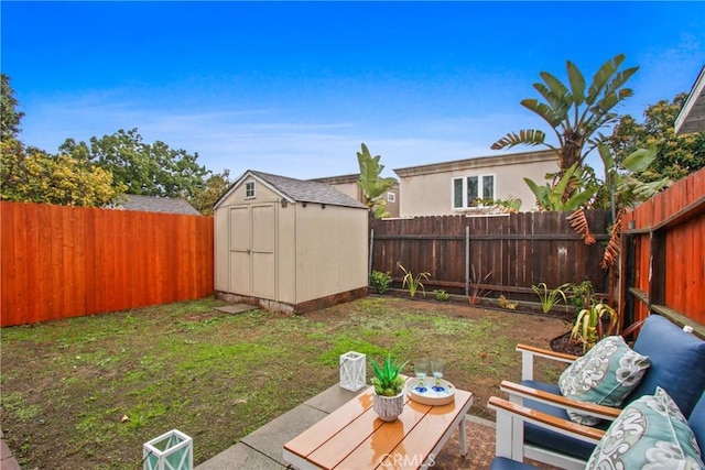 view of yard with a storage shed