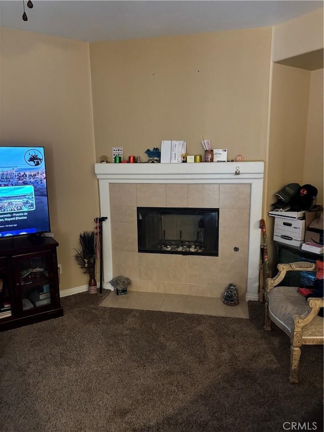 13023 Tehachapi St, Hesperia, CA 92344 - living room featuring a tile fireplace and carpet flooring