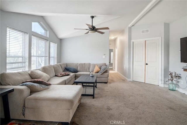 living room with lofted ceiling, carpet flooring, and ceiling fan