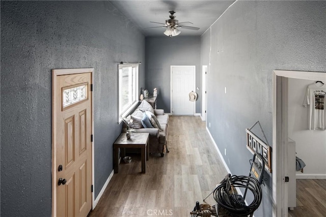 foyer with hardwood / wood-style floors and ceiling fan