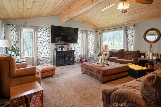 carpeted living room featuring ceiling fan, lofted ceiling with beams, and wooden ceiling