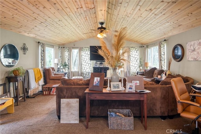 sitting room with ceiling fan, lofted ceiling, carpet floors, and wooden ceiling