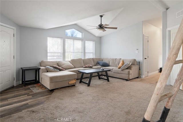 living room with lofted ceiling, carpet floors, and ceiling fan